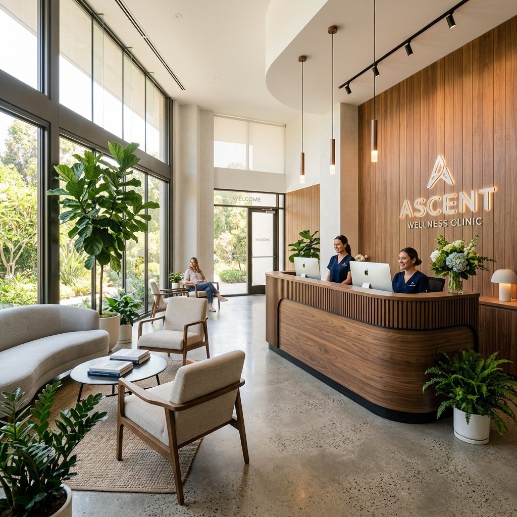 Intérieur lumineux et moderne du hall d'accueil de la clinique NovaSanté