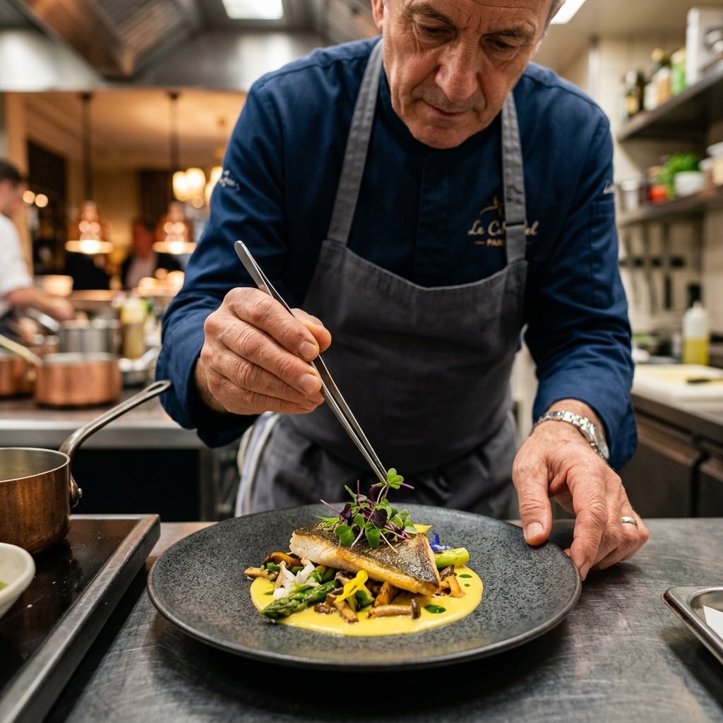 Geste de précision du chef plaçant les fines herbes sur l'assiette