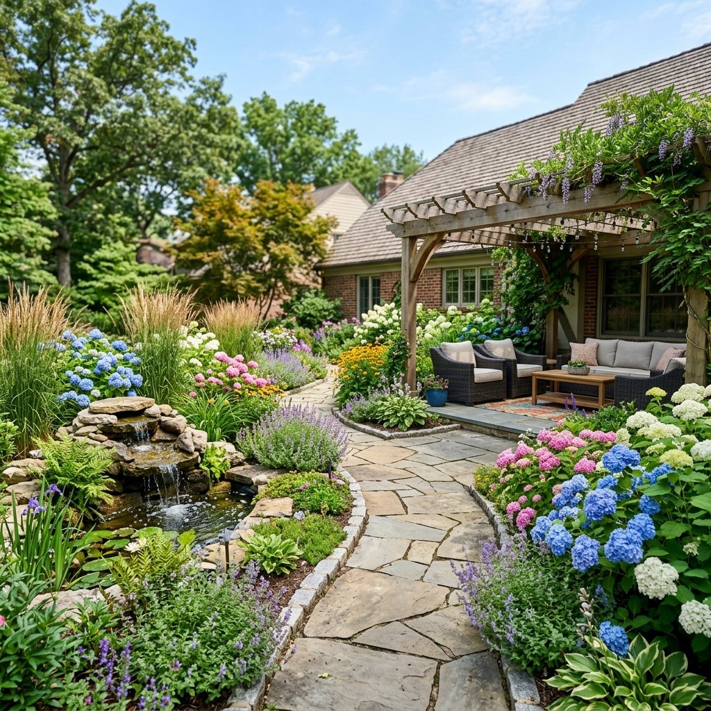 Jardin Zen d'architecte avec terrasse en bois de teck et allée en dalles de pierre
