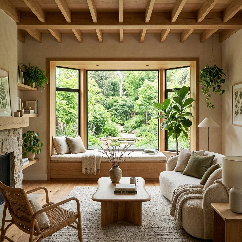 Salon au style biophilique contemporain avec grandes baies vitrées et éléments en bois de chêne