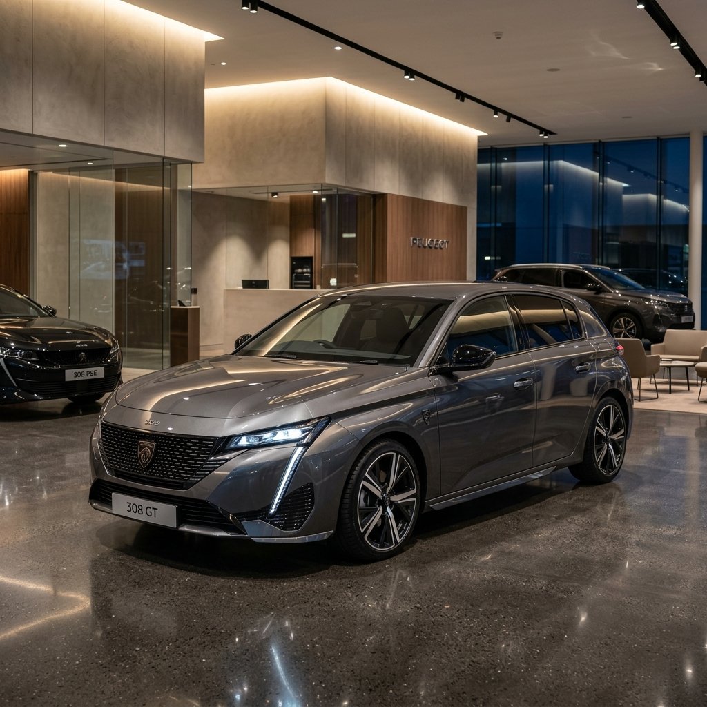 Voiture d'occasion Peugeot 308 de couleur gris métallisé dans un showroom