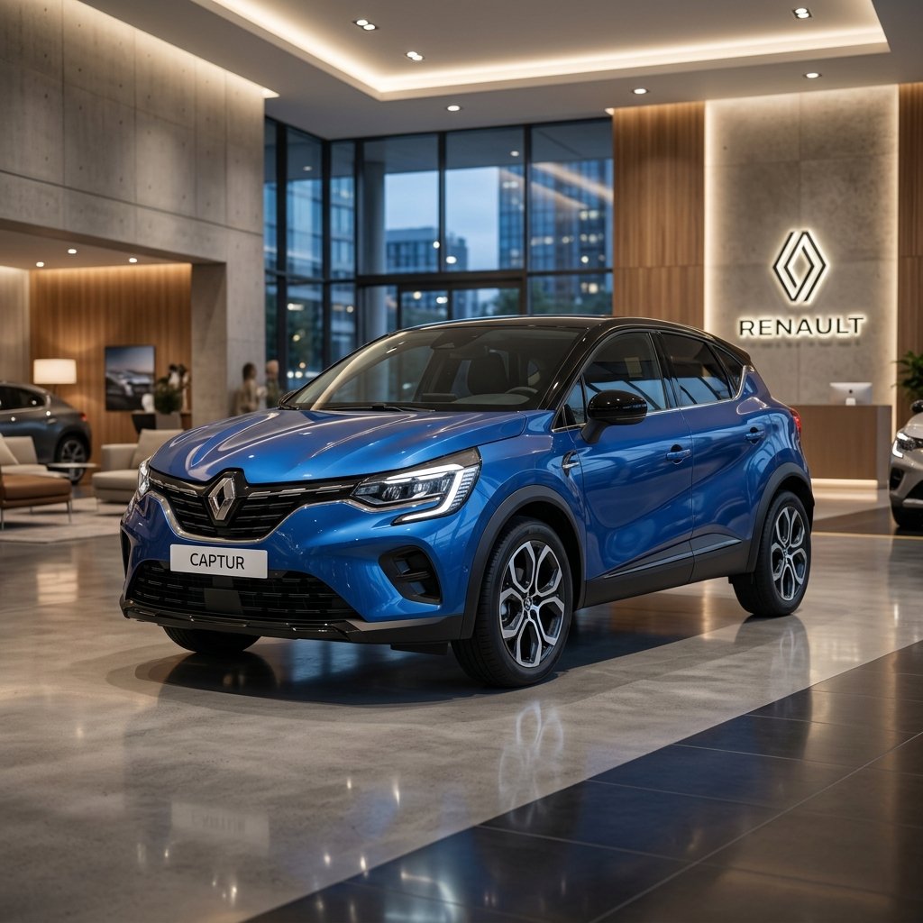 Voiture d'occasion SUV Renault Captur bleu et noir dans un showroom